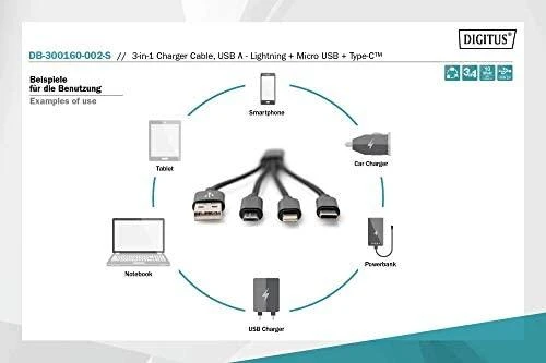 DIGITUS 3-in-1 kabelis USB-A + Lightning + Micro USB + USB-C