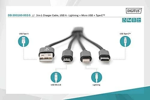 DIGITUS 3-in-1 kabelis USB-A + Lightning + Micro USB + USB-C