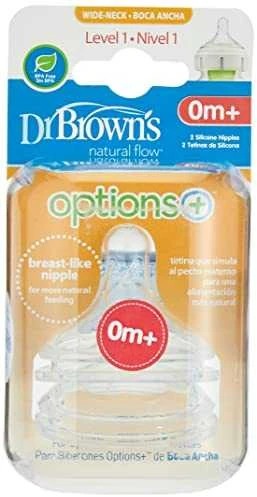 DR. BROWN'S OPTIONS+ LEVEL 1 plataus kaklelio silikoniniai žindukai 0+ mėn., 2 vnt.