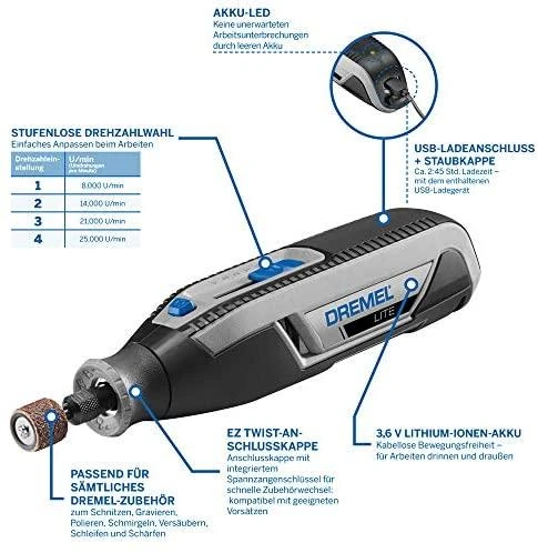 Dremel Lite techninė schema su funkcijų aprašymu