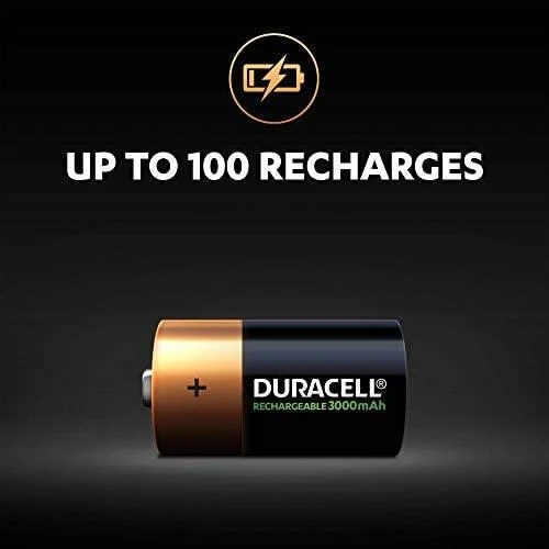Įkraunama Duracell C baterija su įkrovimo ciklo žyma