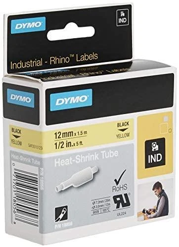 DYMO Rhino Professional, pastebimas susitraukiantis vamzdelis, 12x1,5 mm, juodas tekstas ant geltonos žarnos, 1,5 m, 18056