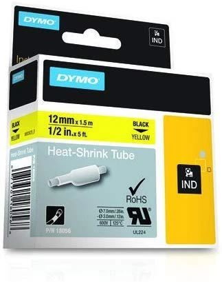 DYMO Rhino Professional, pastebimas susitraukiantis vamzdelis, 12x1,5 mm, juodas tekstas ant geltonos žarnos, 1,5 m, 18056