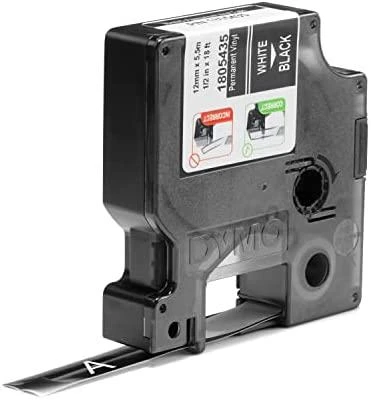 DYMO Rhino Professional, pastebima nuolatinė vinilo juosta, 12mm, baltas tekstas ant juodos juostos, 5,5m 1805435