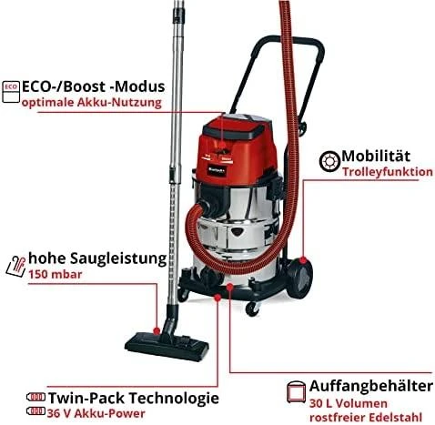 Akumuliatorinis dulkių siurblys Einhell TE-VC 36/30 Li S-Solo; 2x18 V (be akumuliatoriaus ir pakrovėjo)