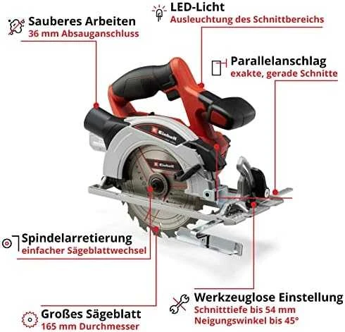 Einhell diskinis pjūklas su techninių savybių žymėjimu