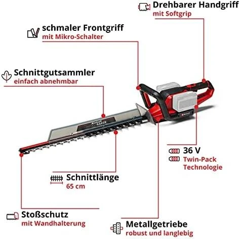 Einhell Akumuliatorinė gyvatvorių žirklės GE-CH 36/65 Li be akumuliatoriaus ir kroviklio (darbui reikia 2vnt. akumuliatorių)