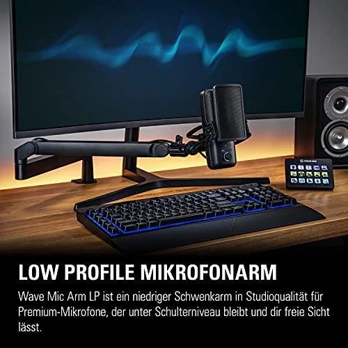 Elgato | Wave Mic Arm | 10AAN9901 | Viršutinės rankos darbo stalo prošvaisa (160 mm); Apatinės rankos darbo stalo prošvaisa (70 mm); Horizontalus siekis (740 mm); Vertikalus sukimas (90 ° aukštyn / 60 ° žemyn (alkūnė); Stalinis spaustukas išplečiamas iki 60 mm | Žemas profilis