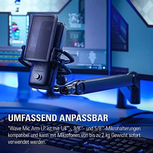 Elgato | Wave Mic Arm | 10AAN9901 | Viršutinės rankos darbo stalo prošvaisa (160 mm); Apatinės rankos darbo stalo prošvaisa (70 mm); Horizontalus siekis (740 mm); Vertikalus sukimas (90 ° aukštyn / 60 ° žemyn (alkūnė); Stalinis spaustukas išplečiamas iki 60 mm | Žemas profilis