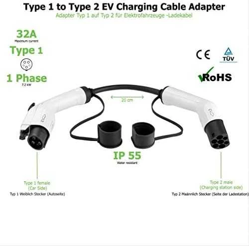 EV+ Type 1 to Type 2 32A adapter for EV charging cable | EV+ | EV-AD-T1-32-1P-W | EV+ Type 1 to Type 2 32A adapter for EV charging cable | 0.2 m