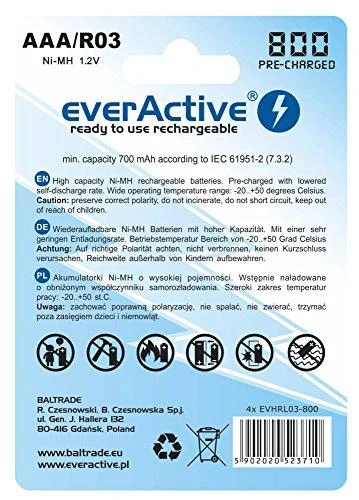 Įkraunamos baterijos everActive Ni-MH R03 AAA 800 mAh Sidabrinis Line