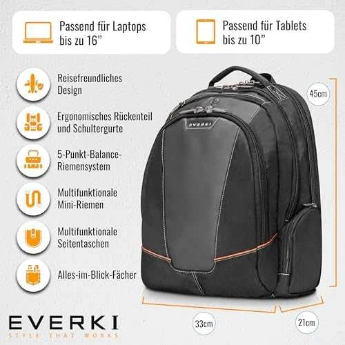 Everki Flight Nešiojamas kompiuteris kuprinė - 16 "Garantija visam gyvenimui