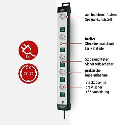 Brennenstuhl Premium Line Technics, prailgintuvas 5xCEE 7/4, 1xCEE 7/7, 5xmygtukai, 3m, apsauga nuo augintinių, juodas / pilkas1951550600 / GT-501