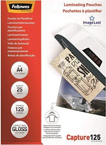 Fellowes | Laminavimo maišelis | A4 | Skaidrus | Storis: 125 mikronai, kiekis pakuotėje: 25 vnt.; Unikalus krypties rodyklės kokybės ženklas išnyksta laminavus.