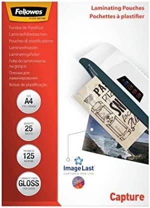 Fellowes | Laminavimo maišelis | A4 | Skaidrus | Storis: 125 mikronai, kiekis pakuotėje: 25 vnt.; Unikalus krypties rodyklės kokybės ženklas išnyksta laminavus.