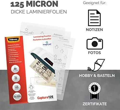 Fellowes | Laminavimo maišelis | A4 | Skaidrus | Storis: 125 mikronai, kiekis pakuotėje: 25 vnt.; Unikalus krypties rodyklės kokybės ženklas išnyksta laminavus.