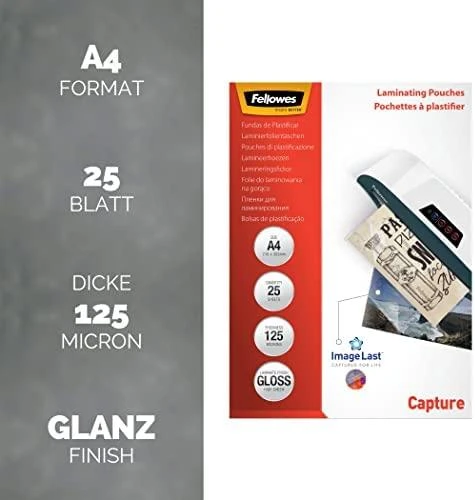 Fellowes | Laminavimo maišelis | A4 | Skaidrus | Storis: 125 mikronai, kiekis pakuotėje: 25 vnt.; Unikalus krypties rodyklės kokybės ženklas išnyksta laminavus.