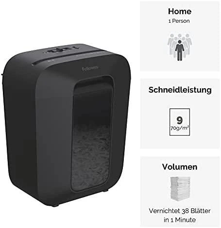 Fellowes LX50 dokumentų naikiklis su techninių parametrų schema