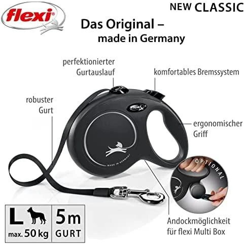 Flexi New Classic L pavadėlis šunims iki 50kg juostinis 5m juodos spalvos