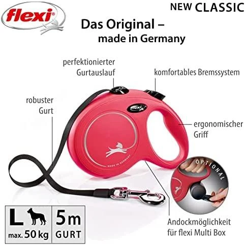 Flexi New Classic L pavadėlis šunims iki 50kg juostinis 5m raudonos spalvos