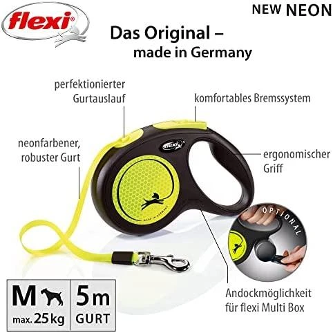 Flexi New Neon M pavadėlis šunims iki 25kg juostinis 5m geltonos spalvos