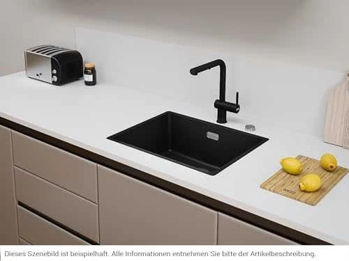 Po stalviršiu montuojama granitinė plautuvė Franke Maris, MRG 110-52, Juoda matinė, rankinis ventilis