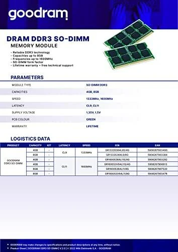 Nešiojamo kompiuterio atmintis GOODRAM DDR3 8GB 1600MHz CL11 SODIMM 1.35V