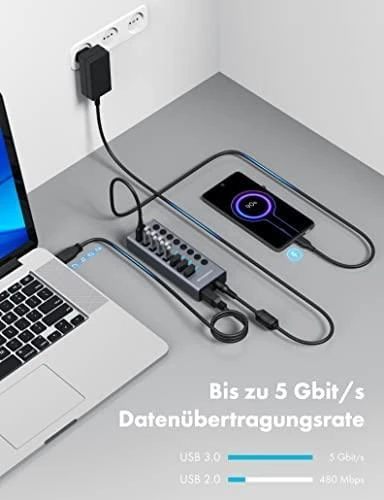 Graugear USB 3.0 šakotuvas su įkrovimo funkcija ir laidais