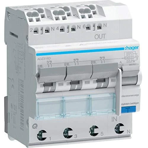 Hager RCBO 3+NB 16A 0.03A Type A 6kA RCBO (ADZ316D)