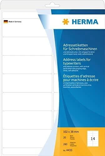 Herma Adreso lipdukai rašomųjų mašinėlių, baltos, 102 x 38 mm, 280 etiketės (4433)