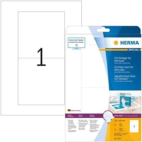 Herma Cardboard įdėklai 5033, A4, CD ir DVD dėklams, balta, be klijų, 121 x 242 mm, plonas dėklas, 25 vnt (5033)