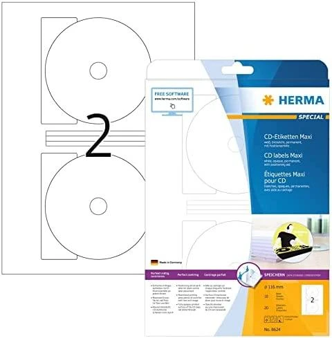 Herma Etykiety samoprzylepne Maxi 8624 na CD, balta, apvalus, Ø 116 mm, papier matinė, 20 vnt (8624)