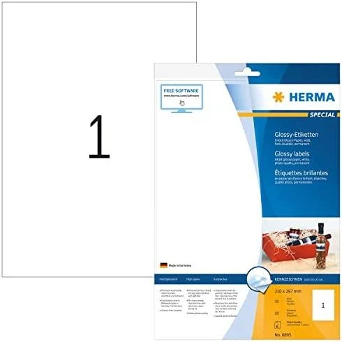 Herma InkPrint 8895 blizgios etiketės, A4, 210 x 297 mm, blizgus popierius, 10 vnt (8895)