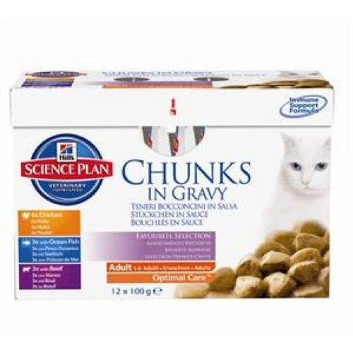 Hill's Cat Science Plan Feline Adult Multipack vištiena/Ocean žuvis/jautiena guliašas katėms 12x85g