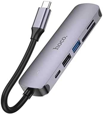Adapteris Hoco HB28 Type-C daugiafunkcis keitiklis HDMI+USB3.0+USB2.0+SD+TF+PD pilkas