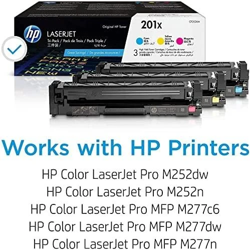 „Hewlett Packard“ (HP) HP 201X originalios „LaserJet“ dažų kasetės, žydros / rausvai raudonos / „Geltona High Yield“ (3 pakuotės)