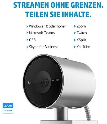 Hewlett Packard (HP) HP 950 4K UHD žiniatinklio kamera / USB / privatumas / automatinis fokusavimas, AI automatinis kadravimas / mikrofonas / Sidabrinis / 1 metai