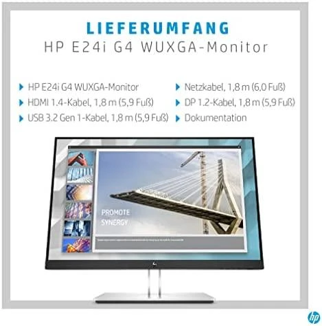 „Hewlett Packard“ (HP) „HP E24i G4 WUXGA“ monitorius – 24 colių, 1920 x 1200 WUXGA, 250 nitų, 60 Hz, AG, IPS, HDMI/VGA/DisplayPort, 4 USB-A, reguliuojamo aukščio / pakreipimo / pasukimo / sukimosi ašys, 3 metimai