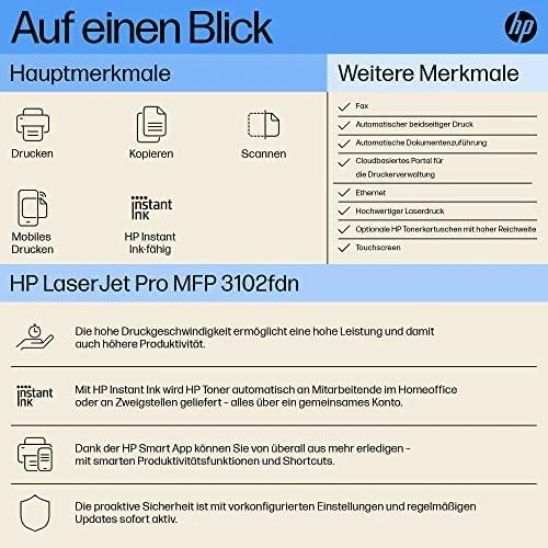 Hewlett Packard (HP) HP LaserJet Pro MFP 3102fdn AIO All-in-One Spausdintuvas - A4 Mono lazerinis, Spausdinti/Kopijuoti/Skenuoti/Faksas, Automatinis dokumentų tiektuvas, Auto-Duplex, LAN, 33ppm, 350-2500 puslapių per mėnesį M227fdn)