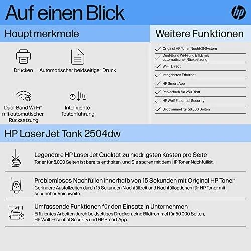 Hewlett Packard (HP) HP LaserJet Tank 2504dw Spausdintuvas - A4 Mono lazerinis, Print, Auto-Duplex, LAN, WiFi, 23ppm, 250-2500 pages per month (replaces Neverstop)