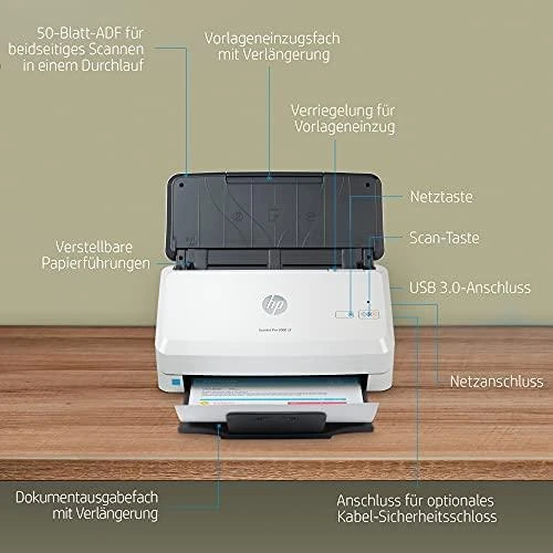 Skeneris Hewlett Packard (HP) „HP ScanJet Pro 2000 s2“ skaitytuvas – A4 spalvotas 600 dpi, lapų tiekimo nuskaitymas, automatinis dokumentų tiektuvas, automatinis dvipusis, OCR / nuskaitymas į tekstą, 35 ppm, 3500 puslapių per dieną