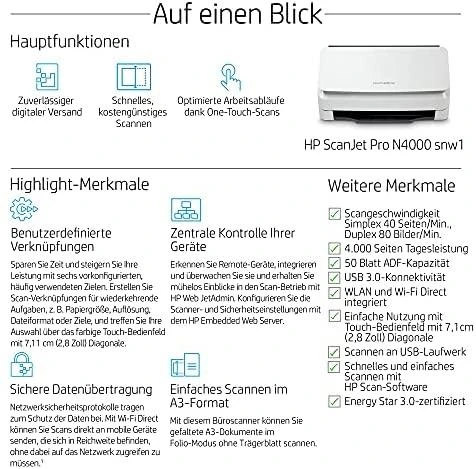 Skeneris Hewlett Packard (HP) HP ScanJet Pro N4000 snw1 skaitytuvas – A4 spalvotas 600 dpi, lapų tiekimo nuskaitymas, automatinis dokumentų tiektuvas, automatinis dvipusis, OCR / nuskaitymas į tekstą, 40 ppm, 4000 puslapių per dieną