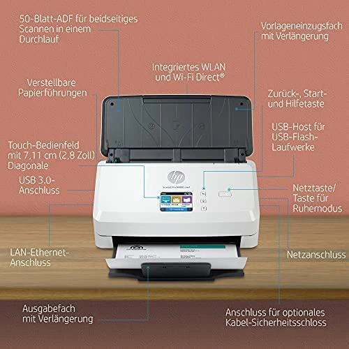 Skeneris Hewlett Packard (HP) HP ScanJet Pro N4000 snw1 skaitytuvas – A4 spalvotas 600 dpi, lapų tiekimo nuskaitymas, automatinis dokumentų tiektuvas, automatinis dvipusis, OCR / nuskaitymas į tekstą, 40 ppm, 4000 puslapių per dieną