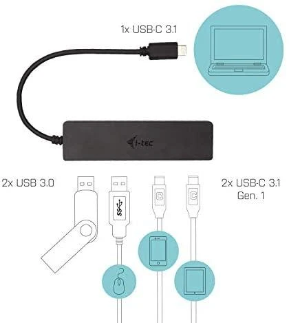 I-TEC USB-C metalinis stebulės 2xUSB 3.0 2xUSB-C 5Gbps be maitinimo adapterio, idealiai tinka nešiojamajam kompiuteriui Ultrabook Planšetė PC
