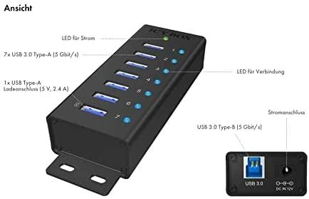 RaidSonic ICYBOX IB-AC618 Icy Box 7 x Port USB 3.0 Hub su USB įkrovimo prievadu, Juodas