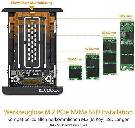 Icy Dock MB705M2P-B su M.2 SSD ilgio palaikymo schema