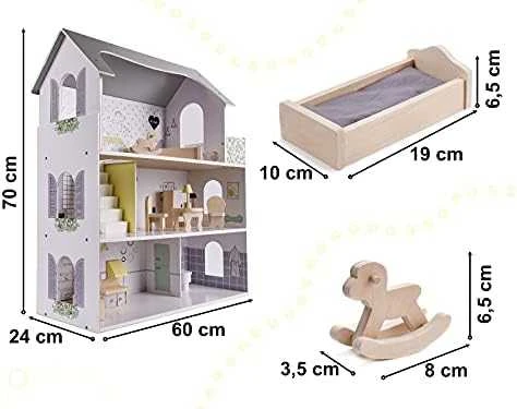 KIK MDF medinis lėlių namelis + baldai 70cm rožinis LED