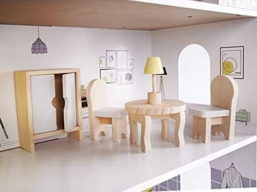 KIK MDF medinis lėlių namelis + baldai 70cm rožinis LED