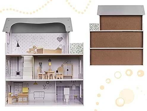 KIK MDF medinis lėlių namelis + baldai 70cm rožinis LED