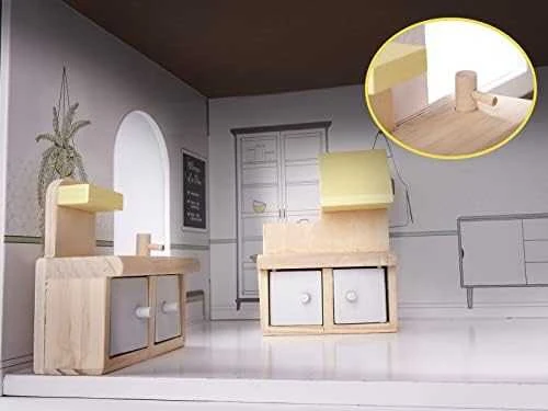 KIK MDF medinis lėlių namelis + baldai 70cm rožinis LED